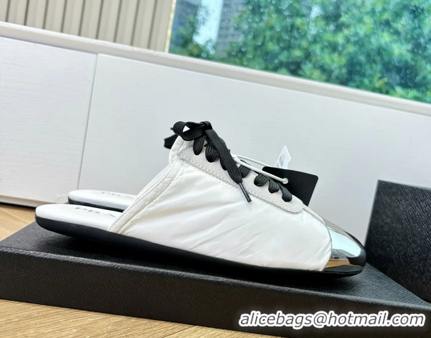 Hot Style Prada Collapse White Suede Leather and Re Nylon Open Back Sneakers with Metal Toecap 6050803 White