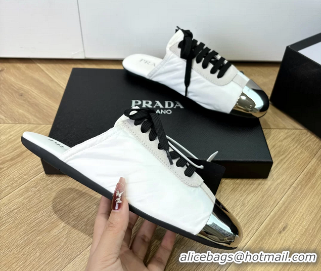 Hot Style Prada Collapse White Suede Leather and Re Nylon Open Back Sneakers with Metal Toecap 6050803 White