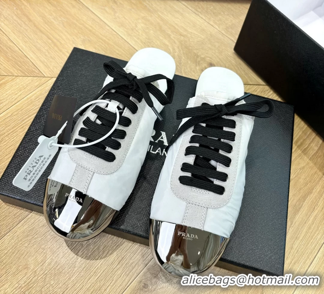 Hot Style Prada Collapse White Suede Leather and Re Nylon Open Back Sneakers with Metal Toecap 6050803 White