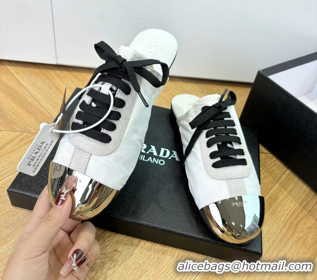 Hot Style Prada Collapse White Suede Leather and Re Nylon Open Back Sneakers with Metal Toecap 6050803 White