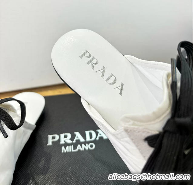 Hot Style Prada Collapse White Suede Leather and Re Nylon Open Back Sneakers with Metal Toecap 6050803 White
