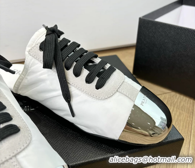 Hot Style Prada Collapse White Suede Leather and Re Nylon Open Back Sneakers with Metal Toecap 6050803 White