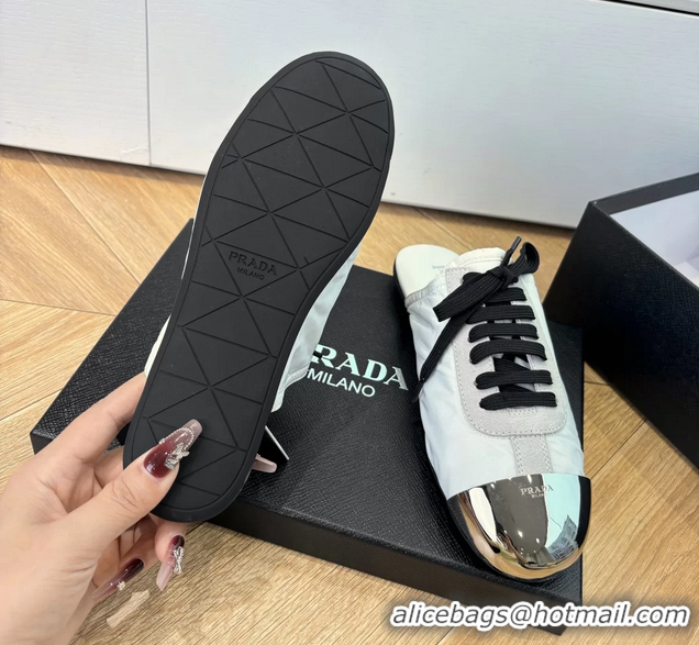 Hot Style Prada Collapse White Suede Leather and Re Nylon Open Back Sneakers with Metal Toecap 6050803 White