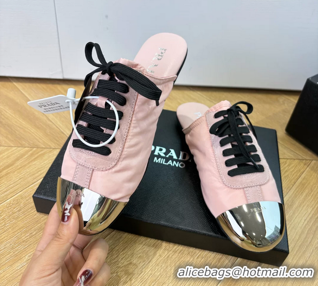 Best Price Prada Collapse Suede Leather and Re Nylon Open Back Sneakers with Metal Toecap 6050803 Pink