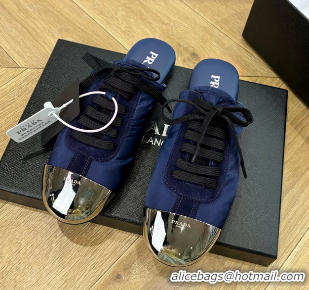 Stylish Prada Collapse Suede Leather and Re Nylon Open Back Sneakers with Metal Toecap 6050803 Blue