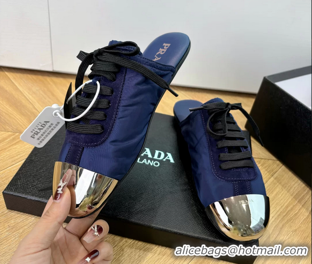 Stylish Prada Collapse Suede Leather and Re Nylon Open Back Sneakers with Metal Toecap 6050803 Blue