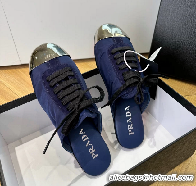 Stylish Prada Collapse Suede Leather and Re Nylon Open Back Sneakers with Metal Toecap 6050803 Blue