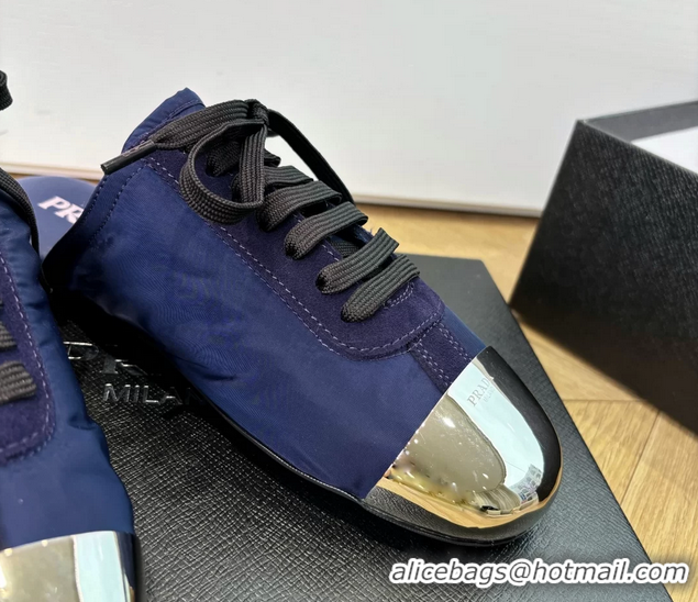 Stylish Prada Collapse Suede Leather and Re Nylon Open Back Sneakers with Metal Toecap 6050803 Blue