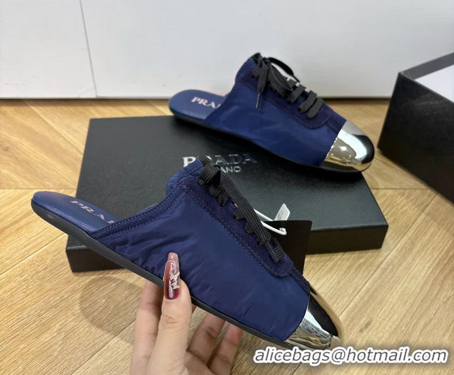 Stylish Prada Collapse Suede Leather and Re Nylon Open Back Sneakers with Metal Toecap 6050803 Blue