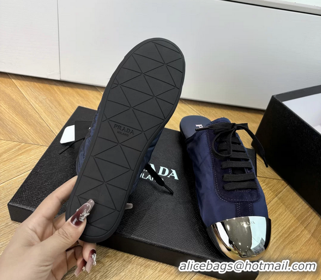 Stylish Prada Collapse Suede Leather and Re Nylon Open Back Sneakers with Metal Toecap 6050803 Blue