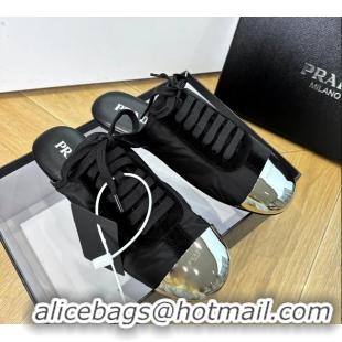 Best Product Prada Collapse Black Suede Leather and Re Nylon Open Back Sneakers with Metal Toecap 6050803 Black