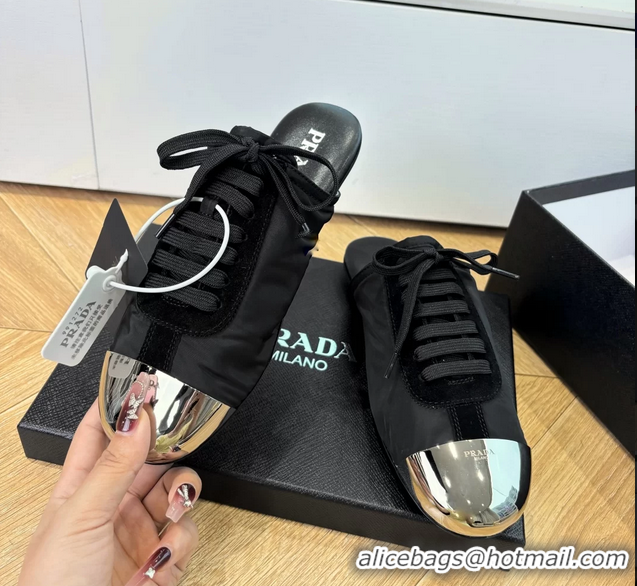 Best Product Prada Collapse Black Suede Leather and Re Nylon Open Back Sneakers with Metal Toecap 6050803 Black