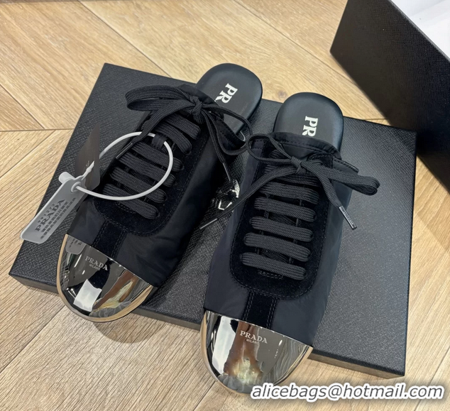 Best Product Prada Collapse Black Suede Leather and Re Nylon Open Back Sneakers with Metal Toecap 6050803 Black