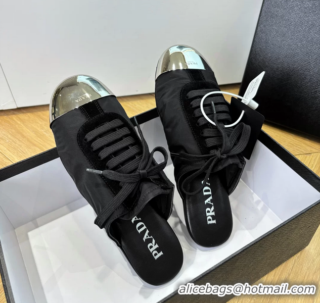 Best Product Prada Collapse Black Suede Leather and Re Nylon Open Back Sneakers with Metal Toecap 6050803 Black