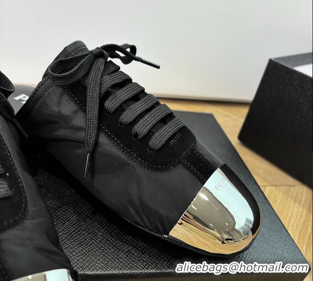 Best Product Prada Collapse Black Suede Leather and Re Nylon Open Back Sneakers with Metal Toecap 6050803 Black
