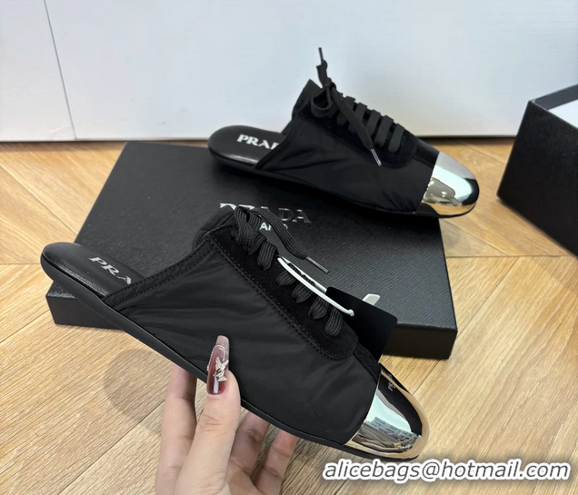 Best Product Prada Collapse Black Suede Leather and Re Nylon Open Back Sneakers with Metal Toecap 6050803 Black