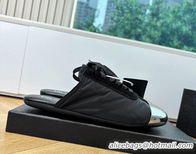 Best Product Prada Collapse Black Suede Leather and Re Nylon Open Back Sneakers with Metal Toecap 6050803 Black