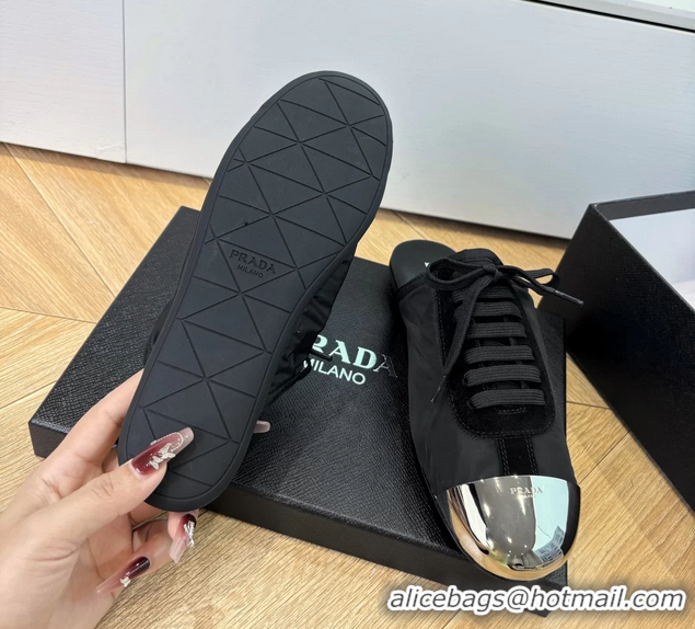 Best Product Prada Collapse Black Suede Leather and Re Nylon Open Back Sneakers with Metal Toecap 6050803 Black