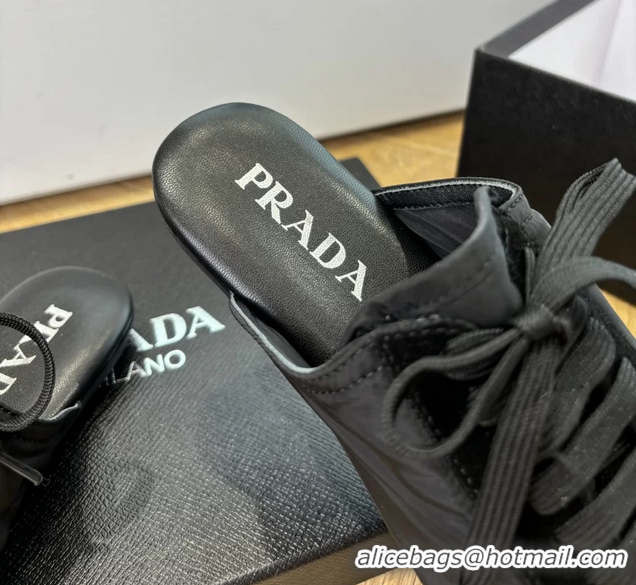 Best Product Prada Collapse Black Suede Leather and Re Nylon Open Back Sneakers with Metal Toecap 6050803 Black
