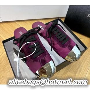 Shop Duplicate Prada Collapse Purple Suede Leather and Re Nylon Open Back Sneakers with Metal Toecap 6050803 Purple