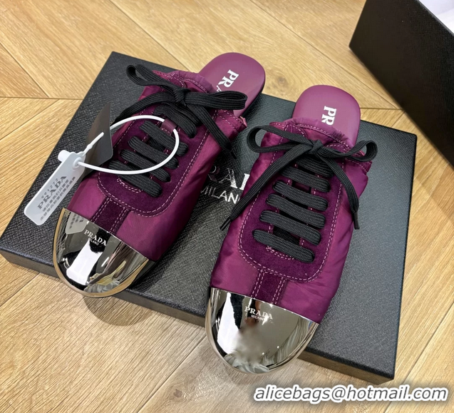 Shop Duplicate Prada Collapse Purple Suede Leather and Re Nylon Open Back Sneakers with Metal Toecap 6050803 Purple