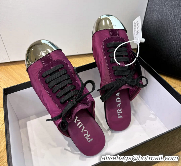 Shop Duplicate Prada Collapse Purple Suede Leather and Re Nylon Open Back Sneakers with Metal Toecap 6050803 Purple