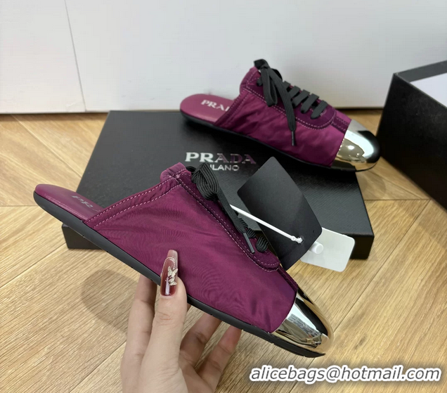 Shop Duplicate Prada Collapse Purple Suede Leather and Re Nylon Open Back Sneakers with Metal Toecap 6050803 Purple