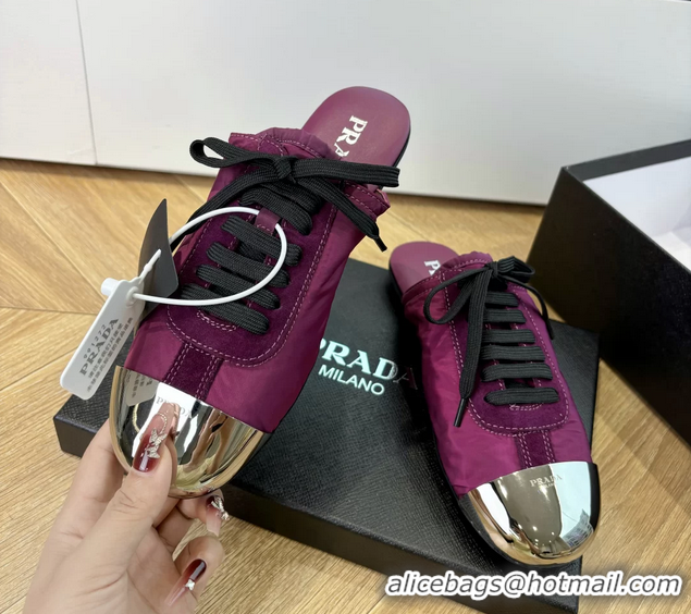 Shop Duplicate Prada Collapse Purple Suede Leather and Re Nylon Open Back Sneakers with Metal Toecap 6050803 Purple