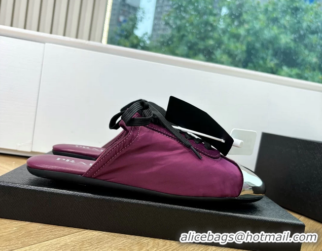 Shop Duplicate Prada Collapse Purple Suede Leather and Re Nylon Open Back Sneakers with Metal Toecap 6050803 Purple