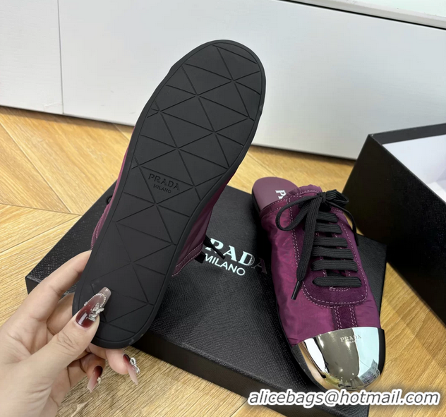 Shop Duplicate Prada Collapse Purple Suede Leather and Re Nylon Open Back Sneakers with Metal Toecap 6050803 Purple
