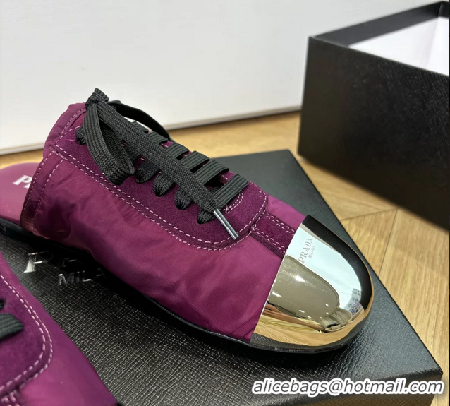 Shop Duplicate Prada Collapse Purple Suede Leather and Re Nylon Open Back Sneakers with Metal Toecap 6050803 Purple