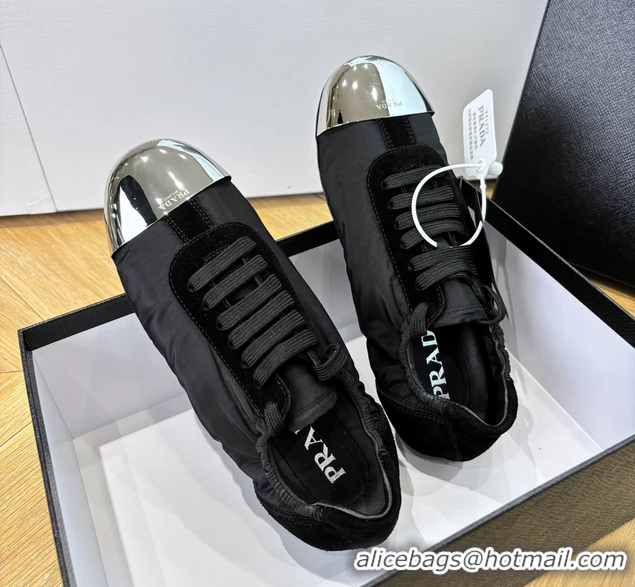 Luxury Prada Collapse Black Suede Leather and Re Nylon Low Tops Sneakers with Metal Toecap 6050804