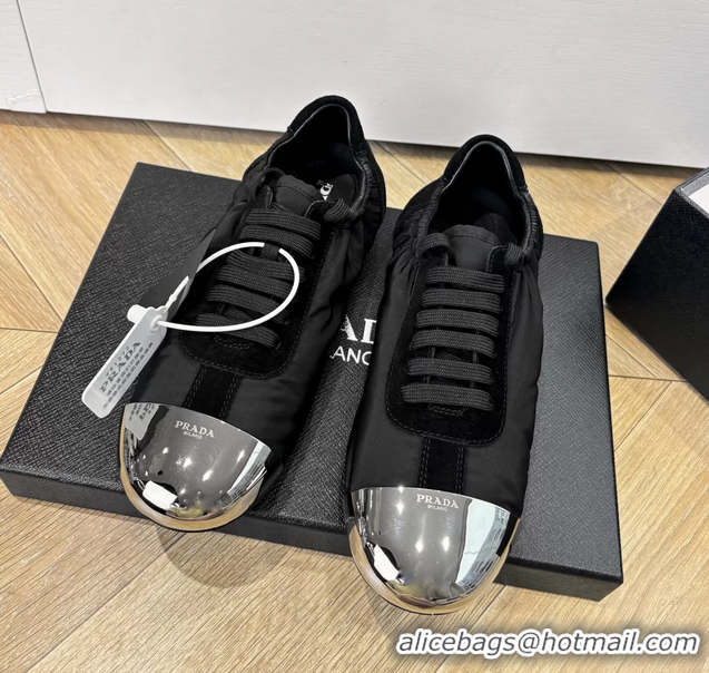 Luxury Prada Collapse Black Suede Leather and Re Nylon Low Tops Sneakers with Metal Toecap 6050804