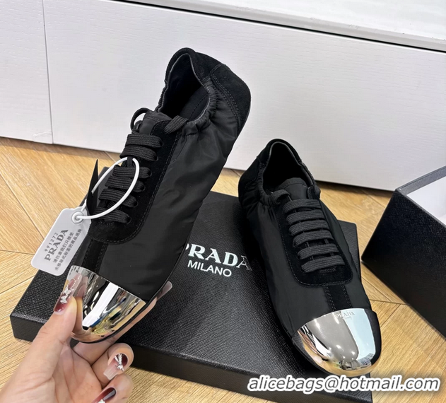 Luxury Prada Collapse Black Suede Leather and Re Nylon Low Tops Sneakers with Metal Toecap 6050804