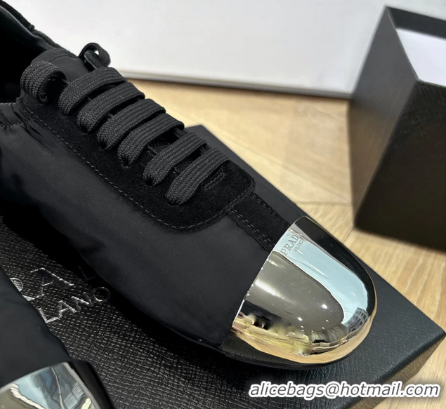Luxury Prada Collapse Black Suede Leather and Re Nylon Low Tops Sneakers with Metal Toecap 6050804