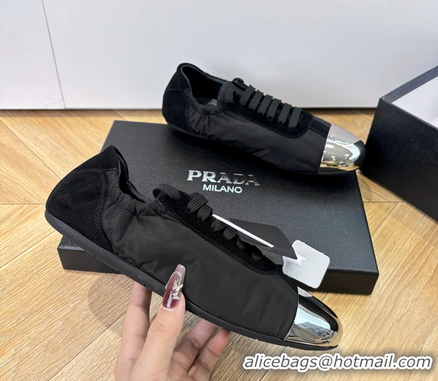 Luxury Prada Collapse Black Suede Leather and Re Nylon Low Tops Sneakers with Metal Toecap 6050804