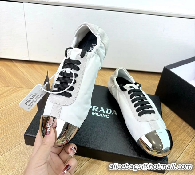 Top Quality Prada Collapse White Suede Leather and Re Nylon Low Tops Sneakers with Metal Toecap 6050804 White