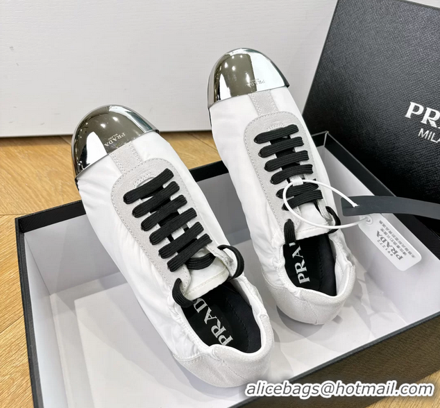 Top Quality Prada Collapse White Suede Leather and Re Nylon Low Tops Sneakers with Metal Toecap 6050804 White