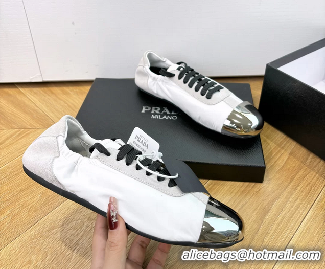 Top Quality Prada Collapse White Suede Leather and Re Nylon Low Tops Sneakers with Metal Toecap 6050804 White
