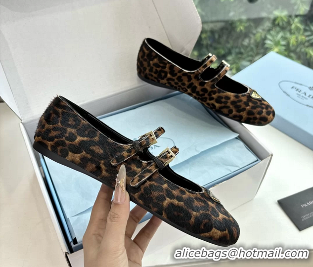 Buy Duplicate Prada Leopard Print Pony Hair Dual Mary Jane Ballet Flats 6050805