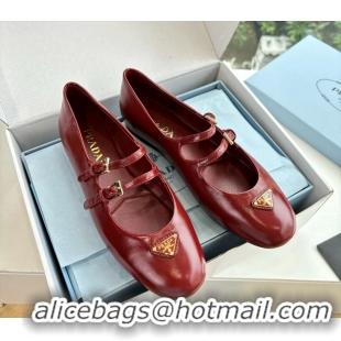 Top Quality Prada Red Shiny Calfskin Leather Mary Jane Ballet Flats 6050805 Red