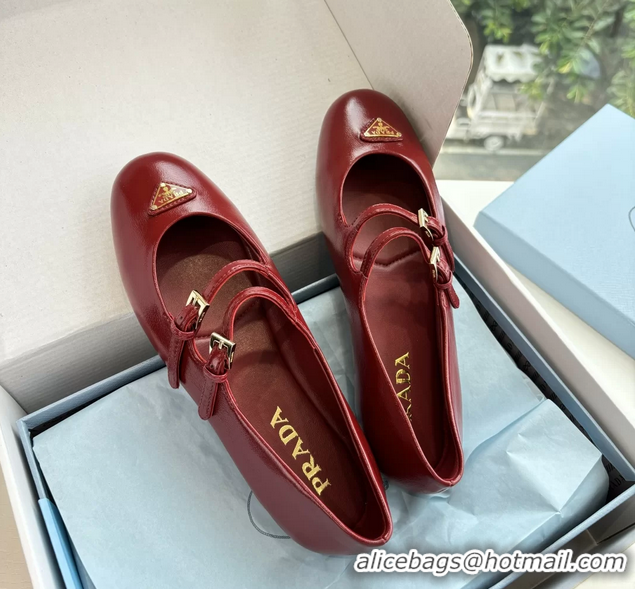 Top Quality Prada Red Shiny Calfskin Leather Mary Jane Ballet Flats 6050805 Red
