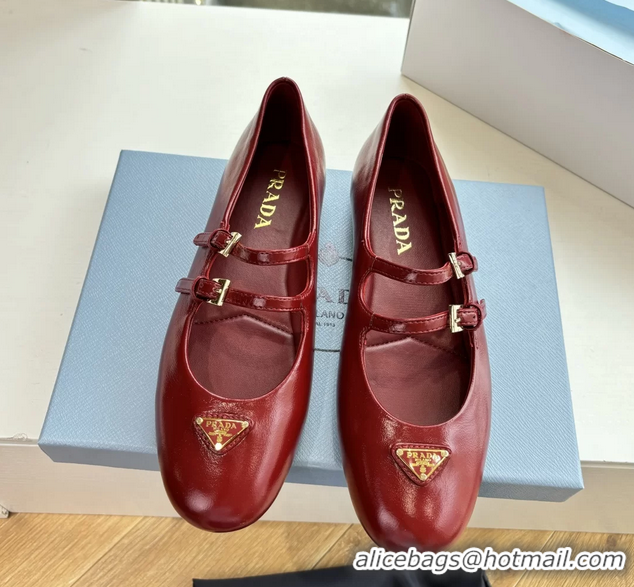 Top Quality Prada Red Shiny Calfskin Leather Mary Jane Ballet Flats 6050805 Red