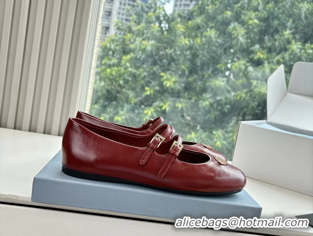 Top Quality Prada Red Shiny Calfskin Leather Mary Jane Ballet Flats 6050805 Red