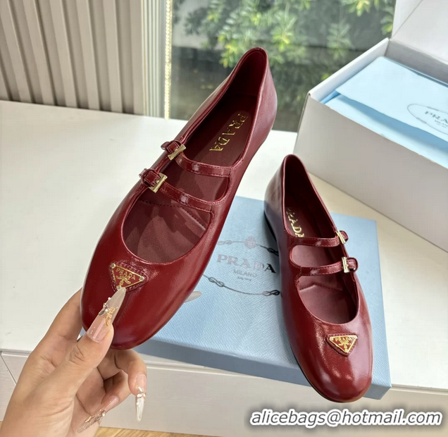 Top Quality Prada Red Shiny Calfskin Leather Mary Jane Ballet Flats 6050805 Red
