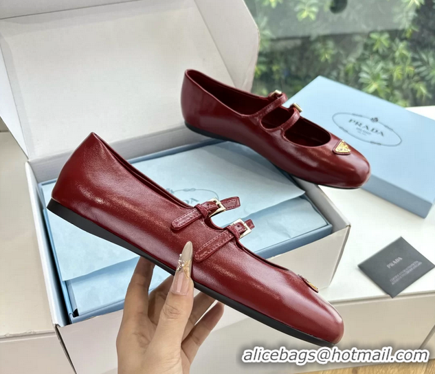 Top Quality Prada Red Shiny Calfskin Leather Mary Jane Ballet Flats 6050805 Red