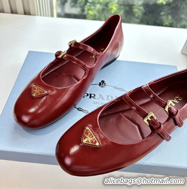 Top Quality Prada Red Shiny Calfskin Leather Mary Jane Ballet Flats 6050805 Red