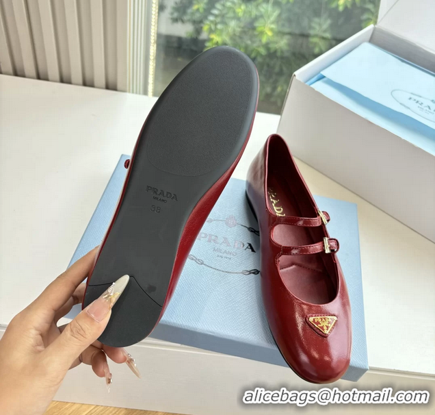 Top Quality Prada Red Shiny Calfskin Leather Mary Jane Ballet Flats 6050805 Red