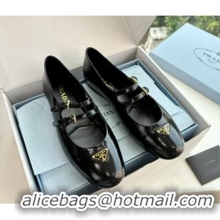 Stylish Prada Black Shiny Calfskin Leather Mary Jane Ballet Flats 6050806 Black