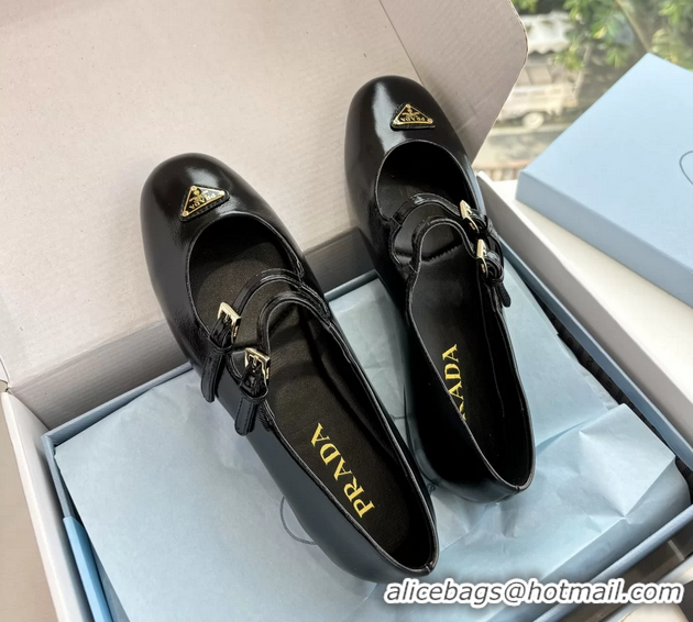 Stylish Prada Black Shiny Calfskin Leather Mary Jane Ballet Flats 6050806 Black